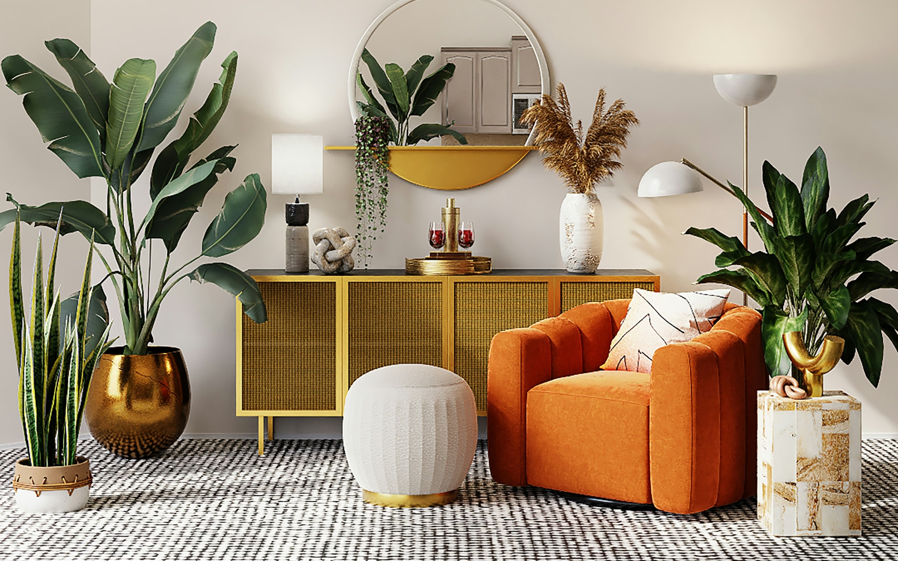 Bright living room styled with indoor plants
